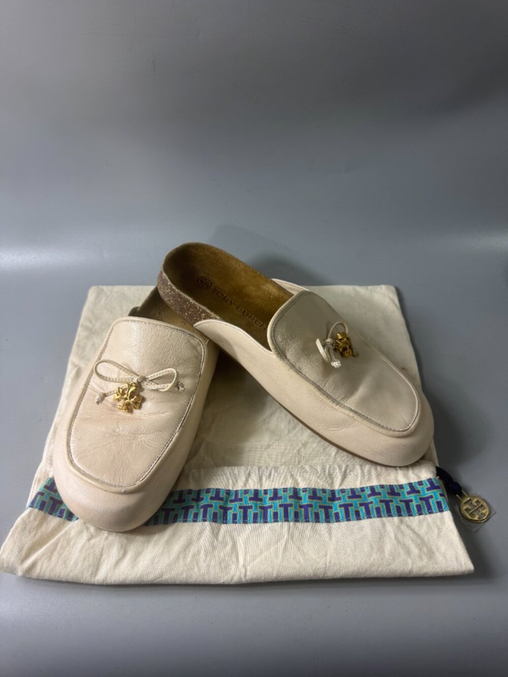 Tory Burch Tory Charm Mules Flat Slip-on Brie Genuine Leather Natural Cork, 9